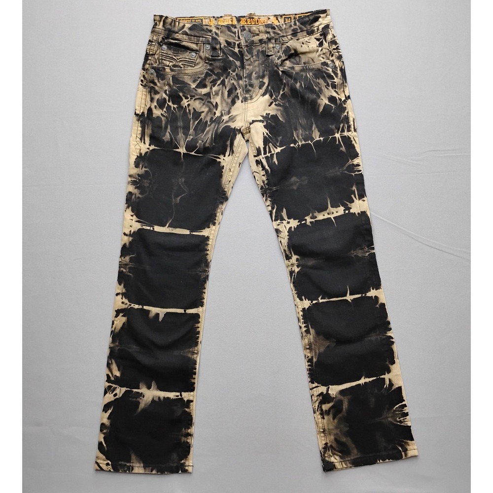 Rock Revival Argon Alt Straight Jeans Mens 34x34 Black Tan Acid Wash Tie Dye